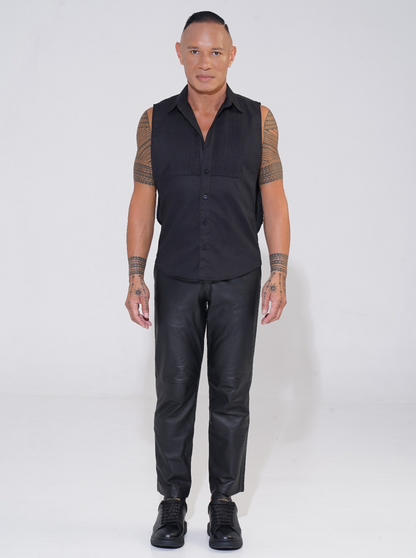 Endemann black sleeveless shirt with lowered armhole with leather pant