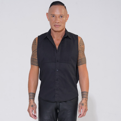 black sleeveless shirt with lowered armhole