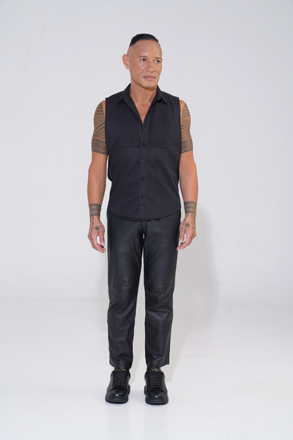Endemann black sleeveless shirt with lowered armhole with leather pant
