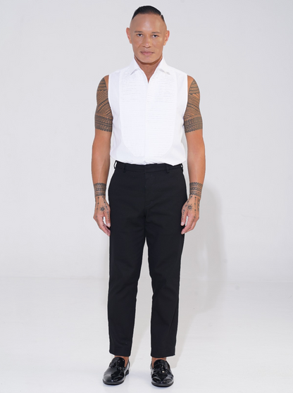 white sleeveless tuxedo shirt with pintucks