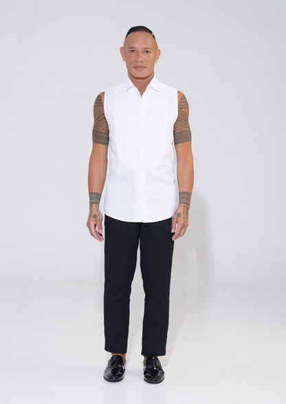 white sleeveless tuxedo shirt with pintucks