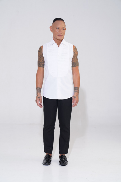 white sleeveless tuxedo shirt with pintucks