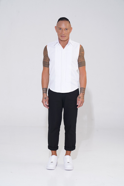 white pleat front sleeveless shirt