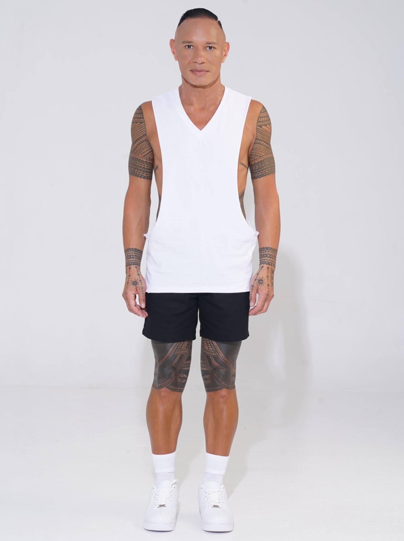 white cotton v-neck tank with lowered armhole