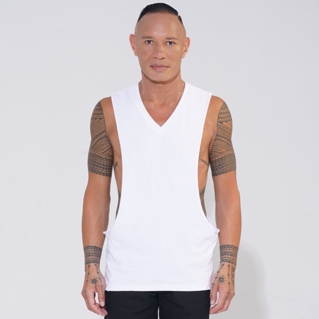 white cotton v-neck tank with lowered armhole