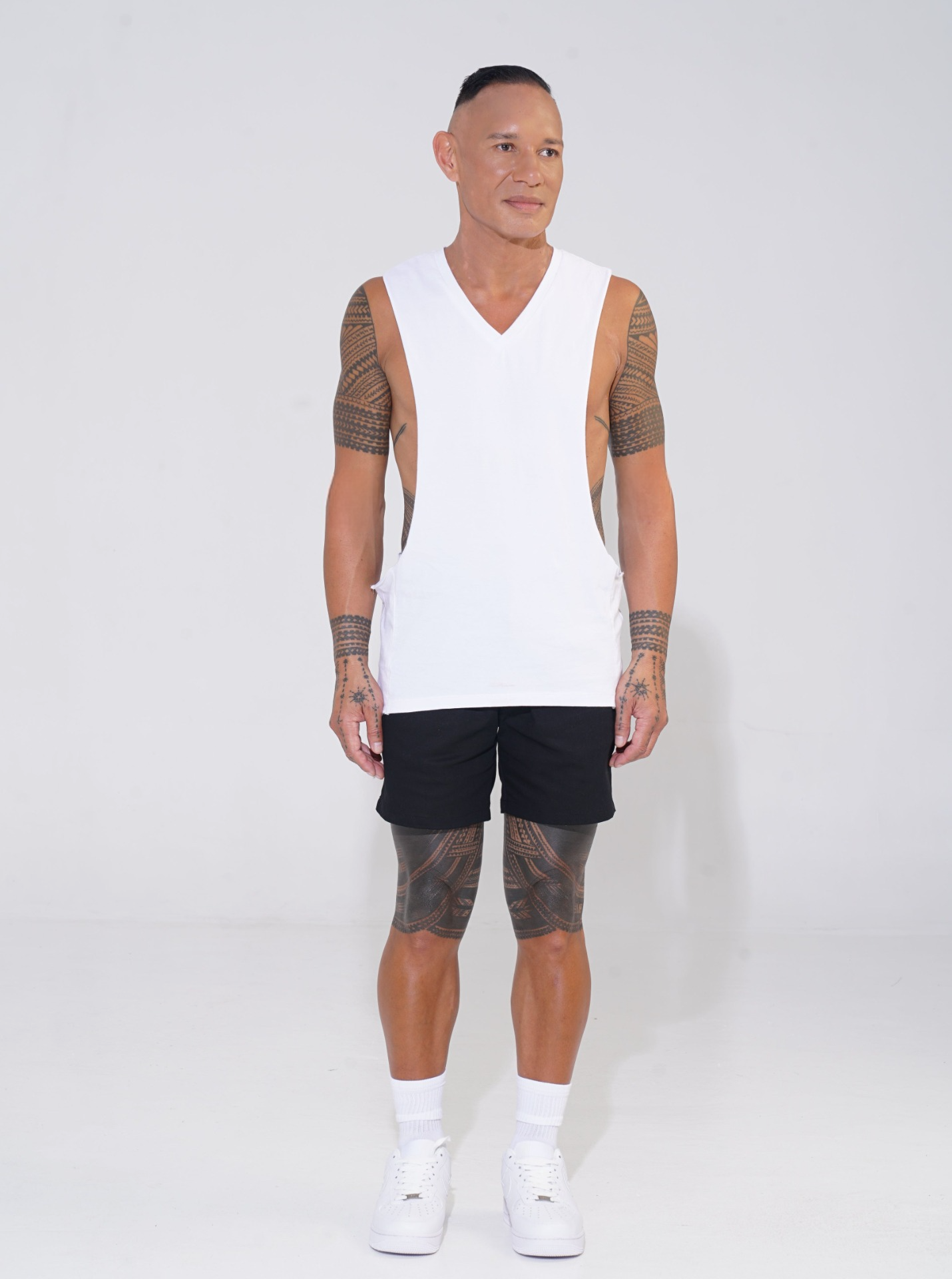 white cotton v-neck tank with lowered armhole