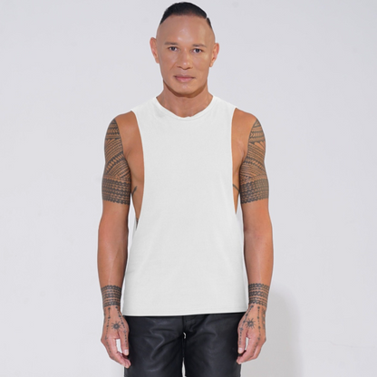white cotton round neck tank  with lowered armhole