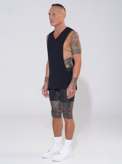 Endemann black cotton v-neck tank with lowered armhole with leather shorts