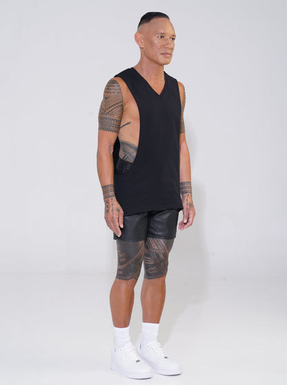 Black Cotton V-Neck Tank with Lowered Armhole - ENDEMANN