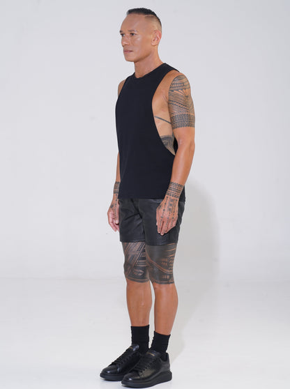 Endemann black cotton round neck tank with lowered armhole with leather shorts