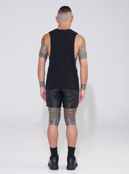 Endemann black cotton round neck tank with lowered armhole with leather shorts