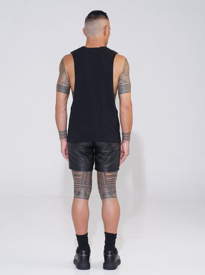 Endemann black cotton round neck tank with lowered armhole with leather shorts
