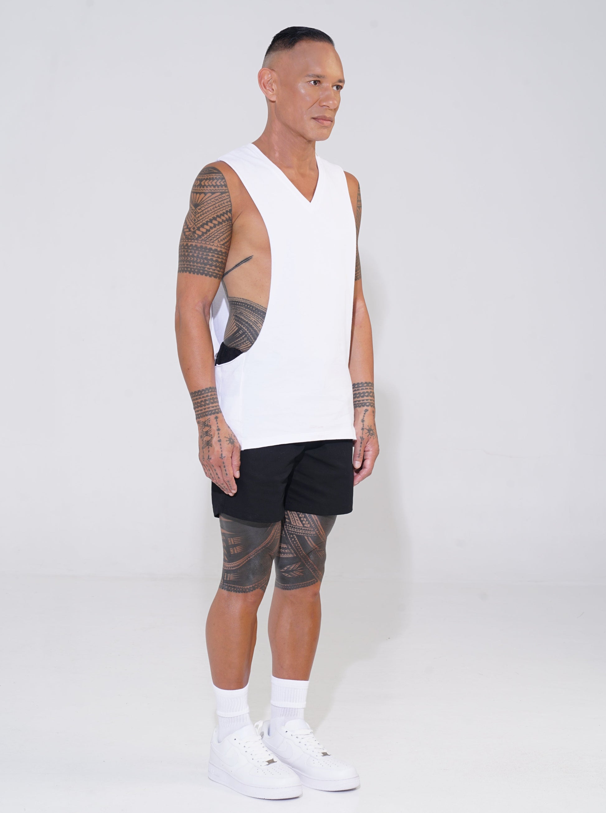 White Cotton V-Neck Tank with Lowered Armhole - ENDEMANN