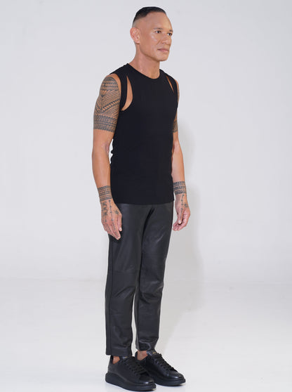 bamboo cotton cut out tank top from endemann menswear  leather pants 